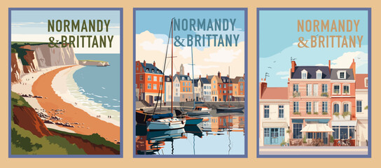 Travel retro posters Normandy and Brittany. Vector illustration for social, banner or card. - obrazy, fototapety, plakaty