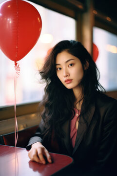 young asian/chinese/korean woman with heart shaped balloons and roses for valentines day date romantic in magazine editorial portra film look