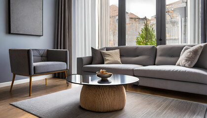 Round accent coffee table against gray tufted sofa. Minimalist loft home interior design