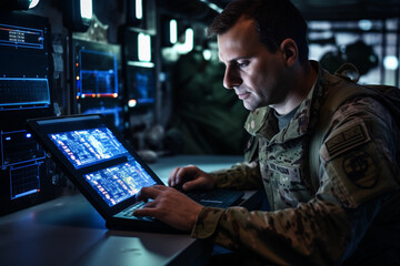 Young soldier man using a digital tablet into his office