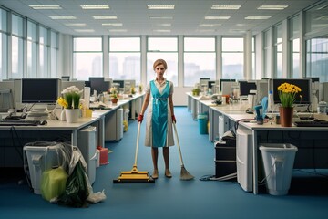 the companys cleaning lady cleans the empty office - obrazy, fototapety, plakaty