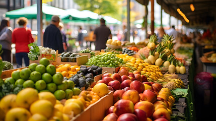 Bustling farmers market featuring fresh fruits