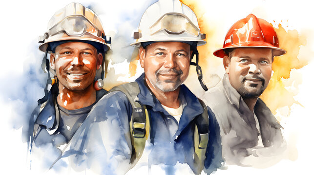 Group of construction site workers in watercolor style