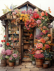 Fototapeta na wymiar Flowery Resort, House Full of Flowers, Watercolor Illustration