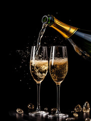 Sparkling champagne pouring with golden splashes from bottle to flute glasses on black background 