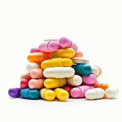 stack of multicolor pharmaceutical vitamin pills on isolated white background 