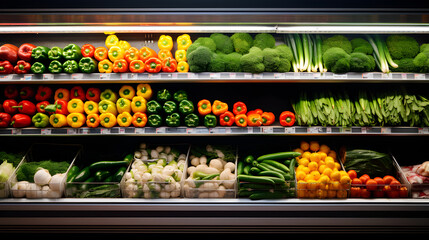 Fruits and vegetables kept in the refrigerated shelf of a supermarket