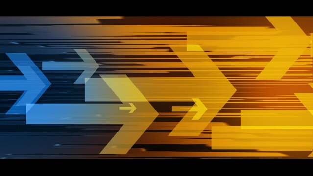 Abstract geometric background with animated blue and yellow arrows and lines in a black frame. Looped motion graphics.