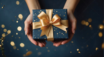 Woman hands holding blue gift box with golden bow and confetti on blue background.
