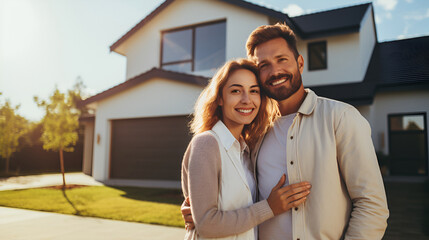 Happy young couple stands in front of new home, Husband and wife buying new house