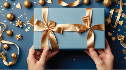Woman hands holding blue gift box with golden bow and confetti on blue background.