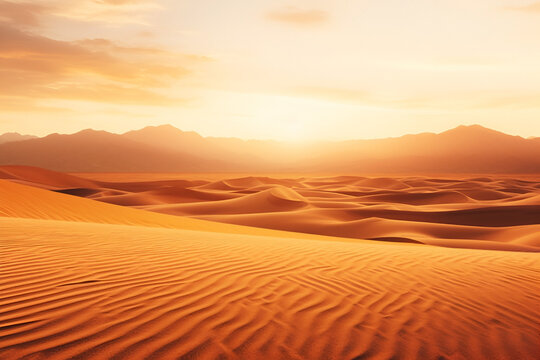 Golden sand ripples at sunset. The sun sets behind the orange sandy mountains, creating an atmosphere of peace, background with copy space