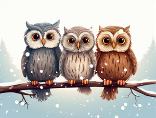Three lovely cute owl stand together on tree in Winter with snow 