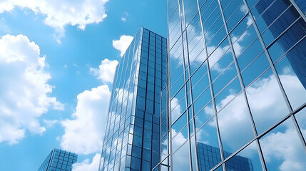 Reflective skyscrapers, business office buildings, window glass reflecting the blue sky and white clouds