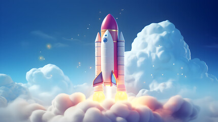 Space rocket flying towards the clouds, launching a fresh project in a start up concept