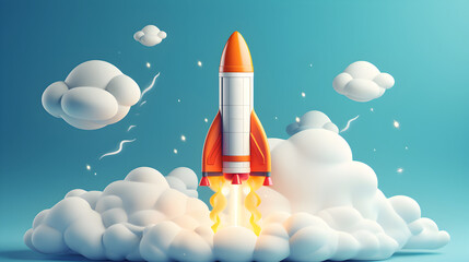 Space rocket flying toward the clouds, successful company concept,launching a fresh project start up concept - obrazy, fototapety, plakaty