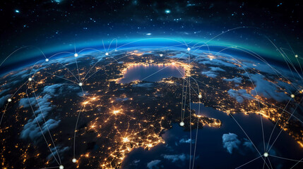 View of Earth's global data communication network from space, incorporating Internet of Things (IoT), blockchain, mobile web, and cyberspace. Image courtesy of NASA. 
