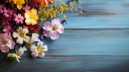 Wild flower collected with variable colors on wood background in Spring. Space for text. Spring seasonal concept. 