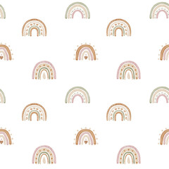 Boho Rainbow watercolor seamless Pattern. Illustration for Baby wallpaper or textile design. Hand drawn backdrop in Scandinavian style for nursery room on isolated backdrop. Cute pastel drawing.