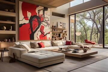 White, Beige and Red Living Room