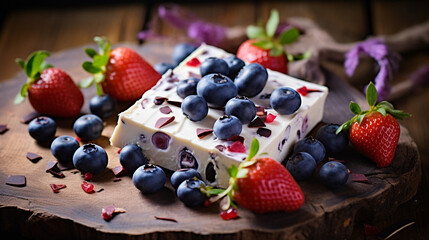 Yogurt Bark with Strawberry and Blueberries on rustic wooden background 