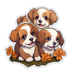 joyful trio, cartoon brown and white puppies sticker design
