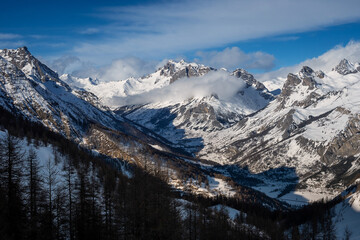 Winter mountain panorama in  Alps ski resort