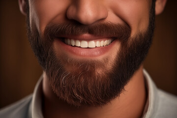 Obraz premium smile of beautiful man close-up, white well-groomed even teeth and skin, beard and mustache