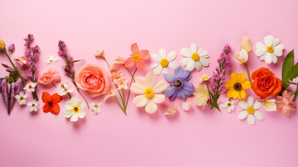 assortment of spring flowers on pale pink background

