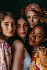 Obraz premium group of strong diverse confident women for empowerment feminism equality teamwork leadership poc with dark background studio light in magazine editorial look
