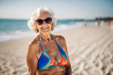 Happy old senior woman in bikini with wrinkled face, flabby tanning skin and gray hair enjoys retirement on sea beach, mature granny in sunglasses and swimwear, elderly model - obrazy, fototapety, plakaty