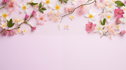 assortment of spring flowers on pale pink background

