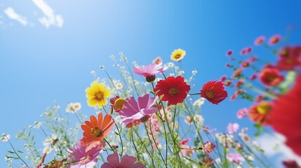 Fototapeta premium blooming colorful wild flowers against blue sky