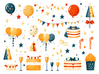 Birthday party equipment on white background