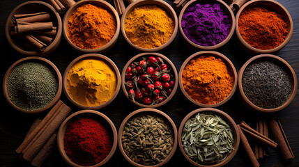 Obraz na płótnie Canvas A bird's-eye view of a fragrant spice bazaar exhibiting a spectrum of vibrant spices.