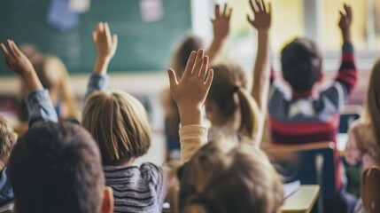 Students participate in class by responding and raising their hands to ask questions or vote, while the teacher teaches and the student learns through volunteering or voting.