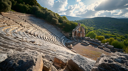 A photo of the Theatre of Epidaurus, with lush greenery as the background, during a sunny day