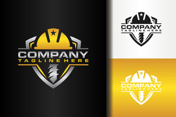 construction logo with helmet drill shield design vector