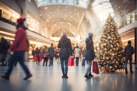 Blurred image of people walking in shopping mall during Christmas and New Year holidays concept.