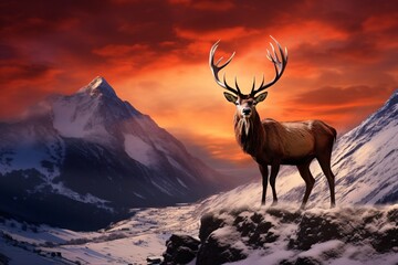 A montage of a red deer buck in Gorgeous Alpen Glow striking mountain summits in the Scottish Highlands at a breathtaking Winter sunrise.