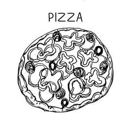 Sketch hand draw pizza on a white background.Italian Vector illustration.	