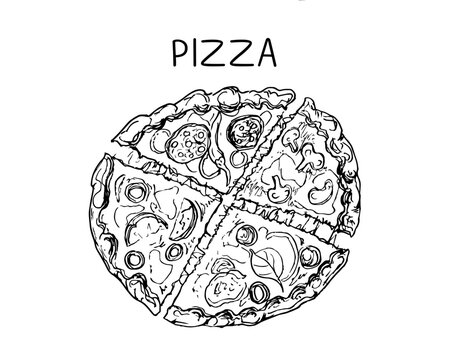 Sketch hand draw pizza on a white background.Italian Vector illustration.	