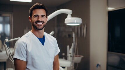 Smiling male dentist in dental office, portrait of self-assured young dental practitioner in his office. - obrazy, fototapety, plakaty