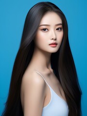 Fototapeta premium Young beauty japanese woman long straight hair with Korean style makeup and perfect clean skin on isolated blue background, AI Generative