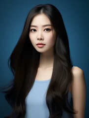 Fototapeta premium Young beauty japanese woman long straight hair with Korean style makeup and perfect clean skin on isolated blue background, AI Generative