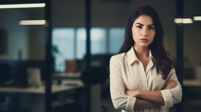 Resolute to succeed at any expense, image of a beautiful young female executive standing solo in the workplace with crossed arms during a night shift.