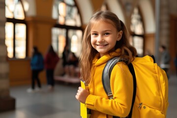 Fototapeta premium little girl in yellow jacket holding yellow backpack and carrying books while smiling