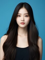 Fototapeta premium Young beauty japanese woman long straight hair with Korean style makeup and perfect clean skin on isolated blue background, AI Generative
