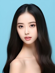 Young beauty japanese woman long straight hair with Korean style makeup and perfect clean skin on isolated blue background, AI Generative