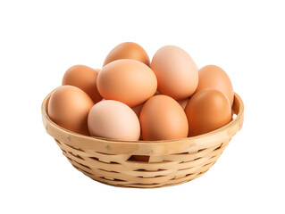 Eggs in a wooden basket, isolated on a transparent or white background